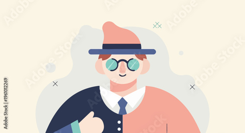 Stylized person with hat, glasses, and split outfit on muted background