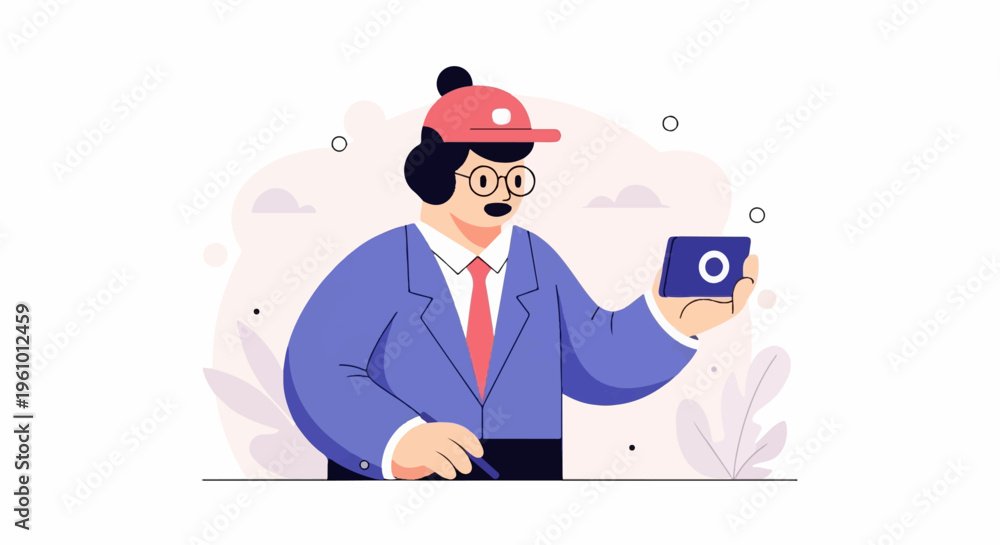 Fototapeta premium Stylized person in a suit and hat holds a tablet, with abstract shapes