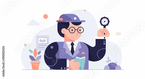 Stylized man in suit with magnifying glass and book