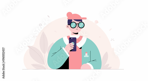 Flat illustration of a person with round glasses and a cap using a smartphone