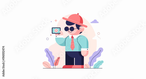 Stylized person in a hat and tie holds a device, surrounded by plants and clouds