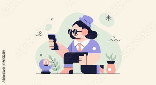 Stylized person in hat and glasses uses phone beside crystal ball and plant
