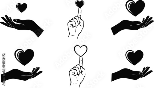 Hand silhouette with heart, love care symbol, romantic gesture, compassion icon, charity support, kindness illustration, emotional connection, vector art design