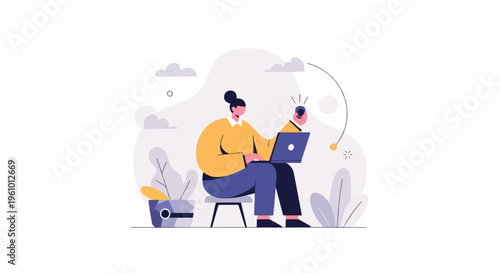Minimalist illustration of a person working on a laptop with a lightbulb idea icon