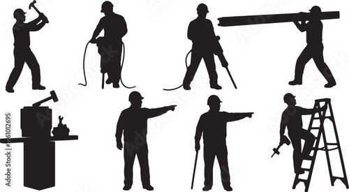 Silhouettes of workers engaged in various construction and maintenance tasks