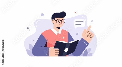 Person in glasses reading book, pointing upwards, illustrated