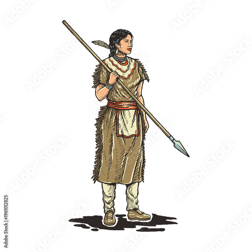 Tribal Woman Holding Spear Standing in Traditional Attire