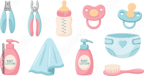 Baby Care and Newborn Hygiene Icon Set with Diaper, Bottle, Pacifier, Nail Clipper, Lotion, Towel, Brush, and Infant Care Tools Vector Illustration