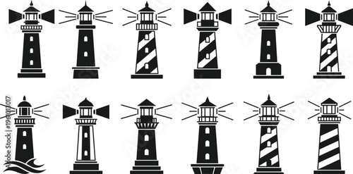 Here is the optimized content for your lighthouse vector collection, specifically structured for Adobe Stock SEO requirements.
