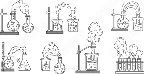 Chemistry Laboratory Experiment Outline Icon Set with Beakers, Test Tubes, Flasks, Chemical Reactions, and Science Lab Equipment Vector Illustration