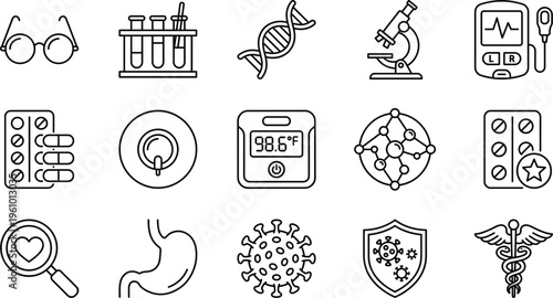 Medical and science line icon set featuring DNA helix, microscope, test tubes, pills, thermometer, virus, stomach, caduceus, and laboratory research symbols.