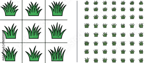 Vector icons of green grass tufts in two variations: a large 3x3 grid of uniform sprouts and a field of smaller, varied grass clumps. Perfect for garden mapping, landscaping, and game assets.