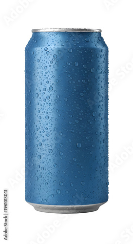 Blue Cold Soda Can with Water Droplets Isolated on White and Transparent Background
