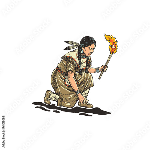 Indigenous Woman Holding Torch in Crouching Exploration Pose