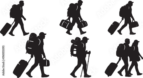 Travelers with luggage silhouettes in various poses