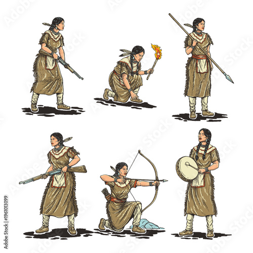 Indigenous Women Warrior Activities Set with Hunting and Survival Scenes