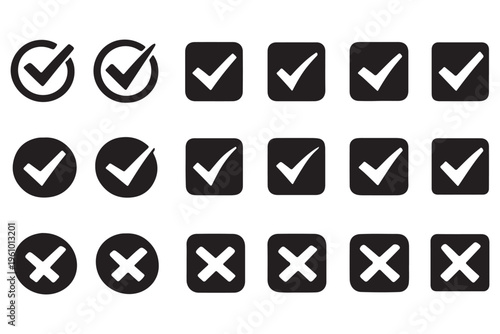 Check tick mark icon set. Cross box x check mark checkbox v list vector draw hand drawn sketch doodle brush marker checklist symbol wrong right circle. Vector Illustration. Red, Green, Black color EPS