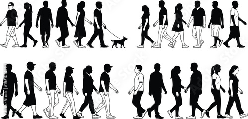 Black and white vector silhouettes of diverse people walking in profile view including men women and a person with a dog on a leash (25 words)