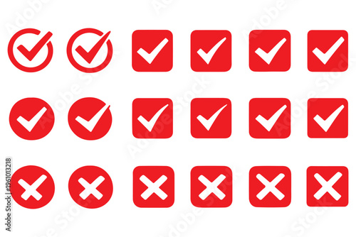 Check tick mark icon set. Cross box x check mark checkbox v list vector draw hand drawn sketch doodle brush marker checklist symbol wrong right circle. Vector Illustration. Red, Green, Black color EPS