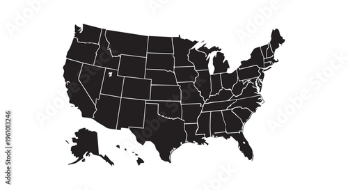 A black silhouette map of the united states of america with state borders