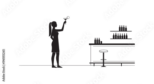 A woman examines a magnifying glass in a modern minimalist setting with a counter
