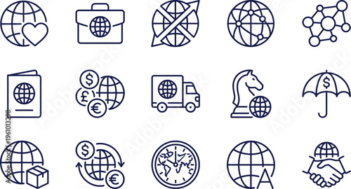 Global business icons set featuring international trade, world logistics, currency exchange, global networking, logistics shipping, strategic partnership, and worldwide financial services.