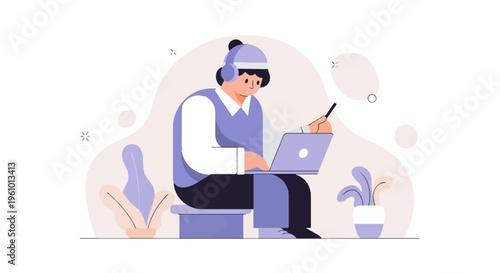 Person wearing headphones, using a laptop and stylus, with plants