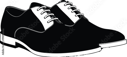 Black formal leather oxford dress shoes silhouette with white laces and sole isolated on white background, professional men's footwear fashion vector illustration for commercial design.