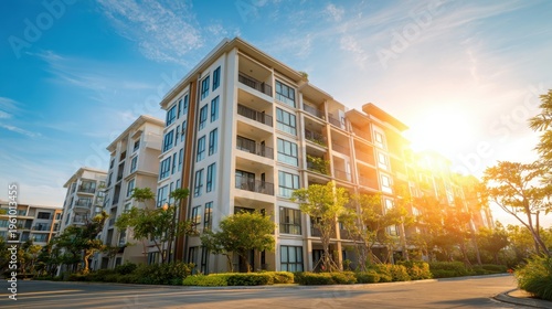 Wallpaper Mural Real estate business market, house home building purchase sale. A modern apartment complex at sunset, with the sun casting a golden hue over the buildings, trees, plants, and road. Torontodigital.ca