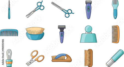Hair Salon and Barber Tools Icon Set with Scissors, Razor, Comb, Brush, Clippers, Shaver, and Haircut Equipment Vector Illustration Collection