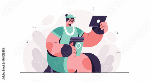 Person with glasses, hat, and green outfit holding a cup and tablet