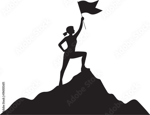 A triumphant woman stands on a mountain peak waving a flag in victory