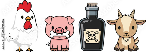 Cute cartoon set with chicken, pig holding bone, poison bottle and goat, playful vector illustration for children, farm themes and funny character designs