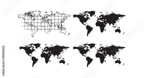 A collection of world map illustrations in various formats and styles