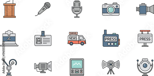 Journalism and News Media Icon Set with Microphone, Camera, Press Badge, Broadcasting Equipment, Interview Podium, and Reporter Tools Vector Illustration