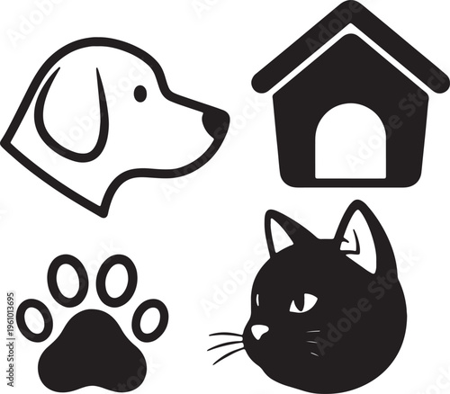 Playful pets and their cozy doghouse icon set