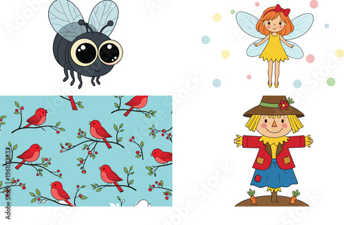 Cute cartoon set with bee, fairy, scarecrow and seamless bird pattern, colorful vector illustration for children books, nursery decor and playful design projects