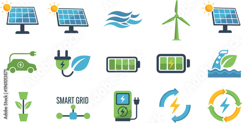 Renewable Energy and Sustainable Power Icon Set with Solar Panels, Wind Turbine, Electric Car, Battery Storage, Smart Grid, and Eco Technology Elements