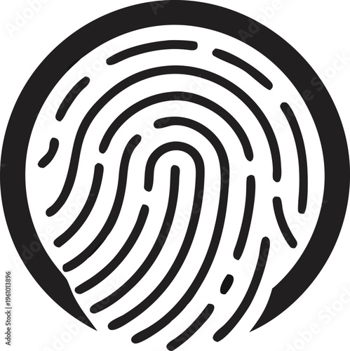 A striking black and white circular graphic depicting a detailed fingerprint pattern