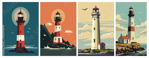 Vintage lighthouse poster collection in flat vector style, nautical maritime landscapes with ocean waves and retro sunset.