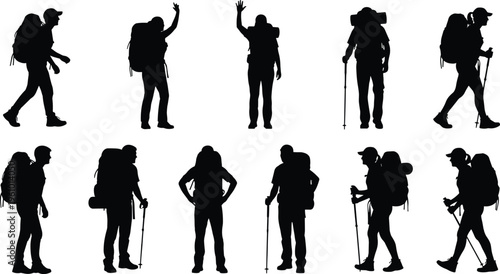 Hiker silhouette collection, backpackers walking, trekking poses, outdoor adventure, camping lifestyle, mountain explorers, hiking actions, black and white illustration
