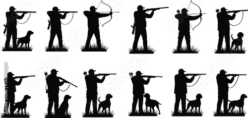 Hunter silhouettes set with hunting dogs rifles and bows isolated on white background, outdoor sport and hobby vec