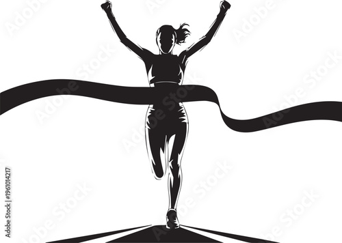 A triumphant woman crossing the finish line with her arms raised in victory