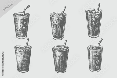 vintage sketch of iced soda and soft drinks vector illustration. Hand drawn soft drink glass.