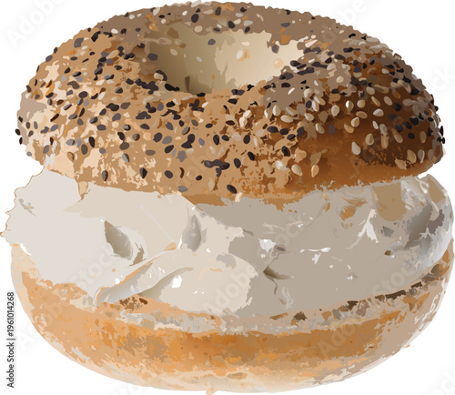 A delicious everything bagel cut in half and generously filled with cream cheese