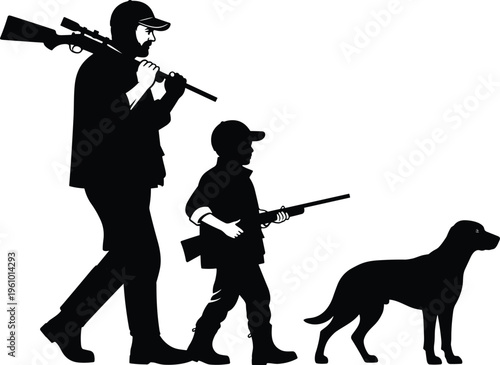 Black silhouette of father and son hunters walking with rifles and a hunting dog on a white background, concept of family outdoor sports activity.