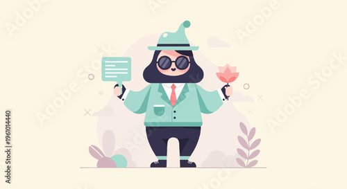 Whimsical character in suit holding speech bubble and flower