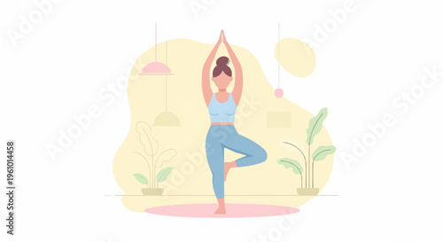 Woman in tree pose on yoga mat indoors with plants and lamps