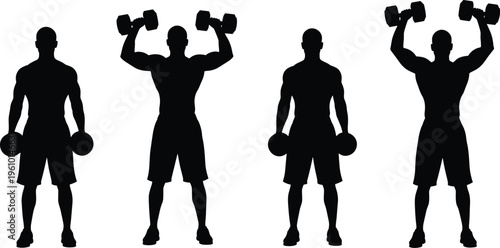 Silhouette of muscular man lifting dumbbells, strength training workout poses, bodybuilding fitness concept, gym exercise routine, black and white vector illustration