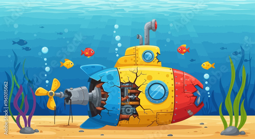 A colorful, broken submarine rests on the sandy ocean floor surrounded by fish and seaweed.